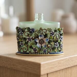 Ganz Jeweled Perfume Bottle Floral Metal Sleeve Frosted Glass Vanity Decor